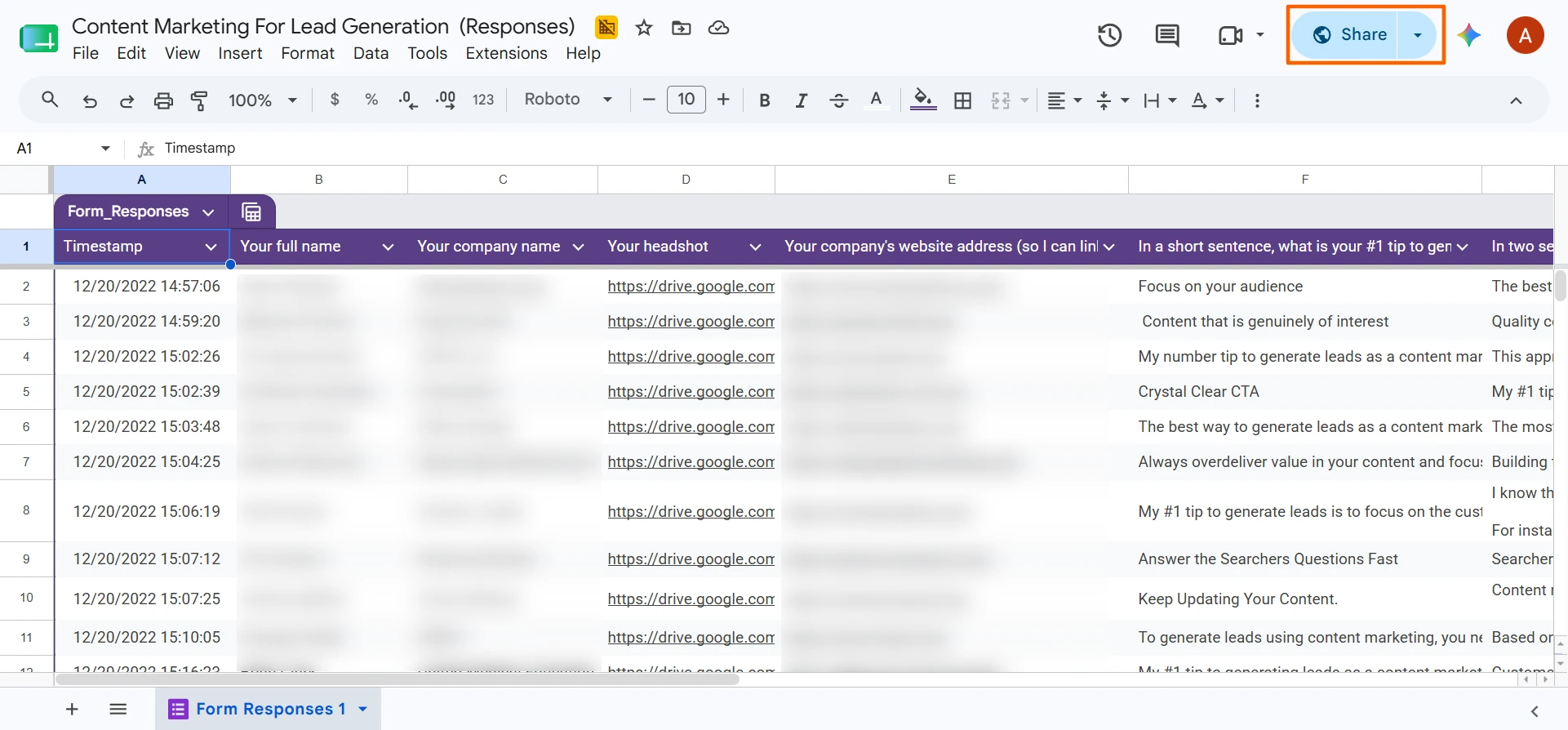 Google Sheets form responses spreadsheet with Share button highlighted for sharing results