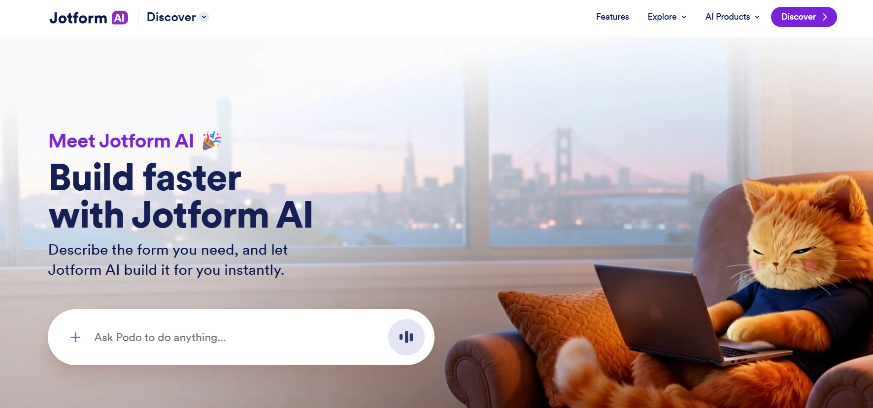 Jotform AI Discover homepage inviting users to describe and build forms instantly