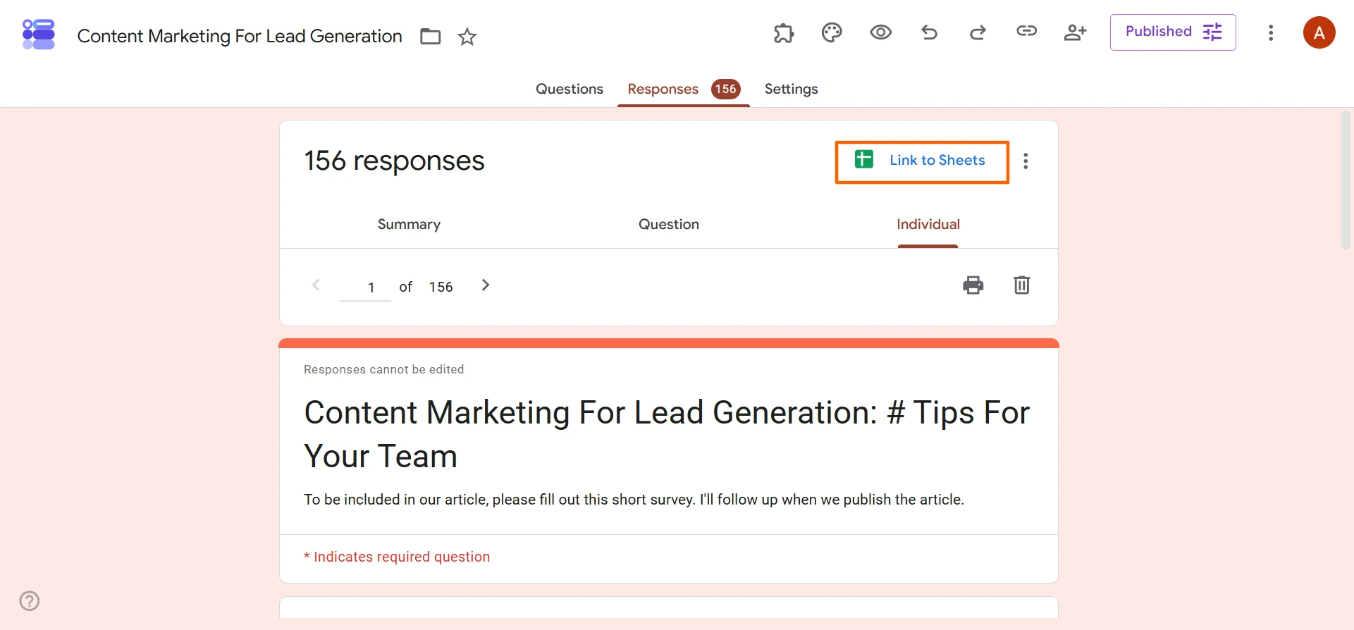 Google Forms Responses page with Link to Sheets button highlighted
