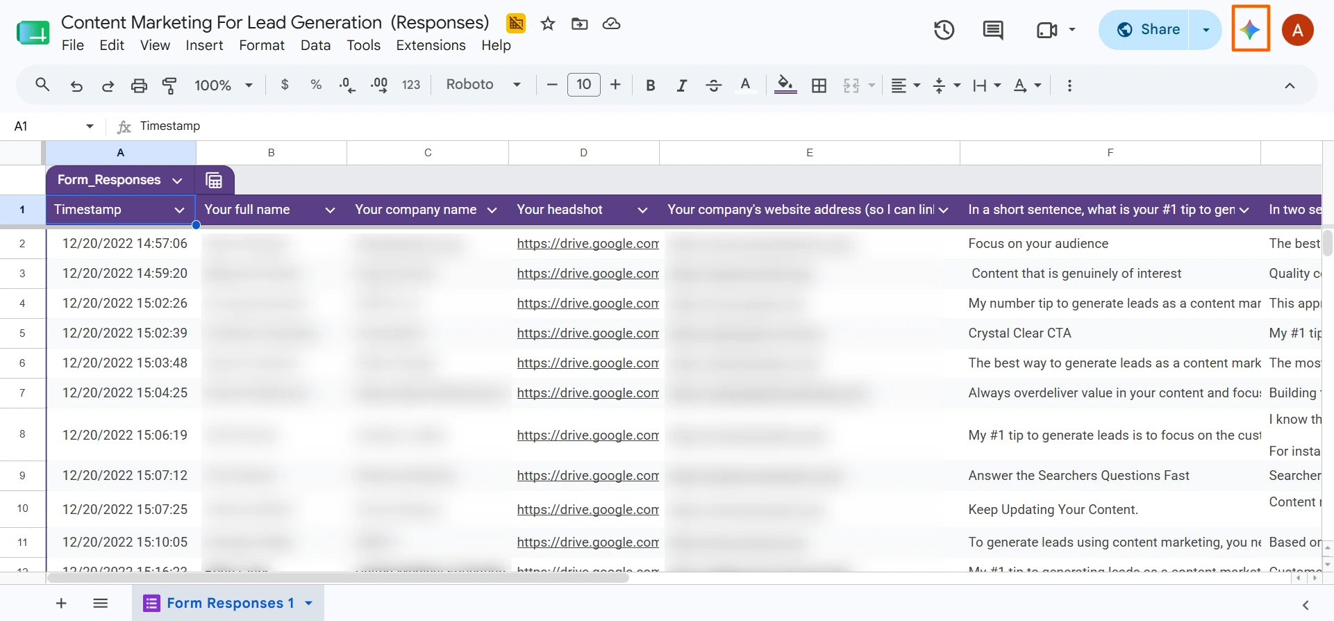 Google Sheets response data with Gemini icon highlighted in the toolbar
