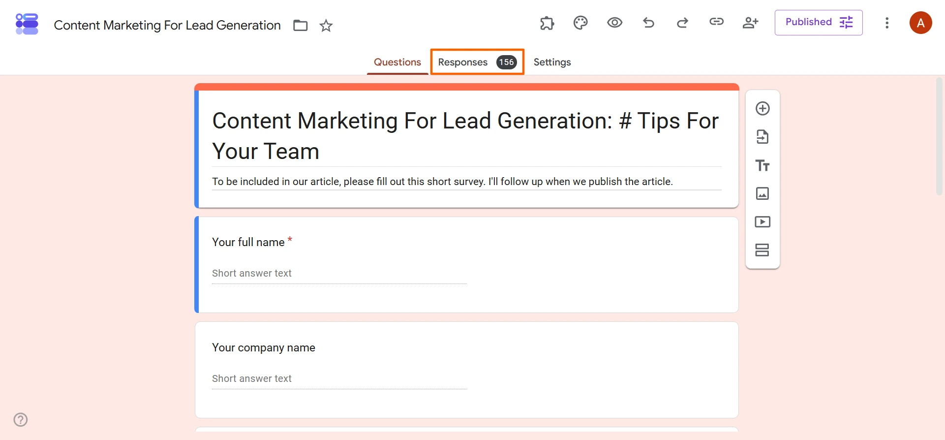 Google Forms editor showing the Responses tab and response count highlighted