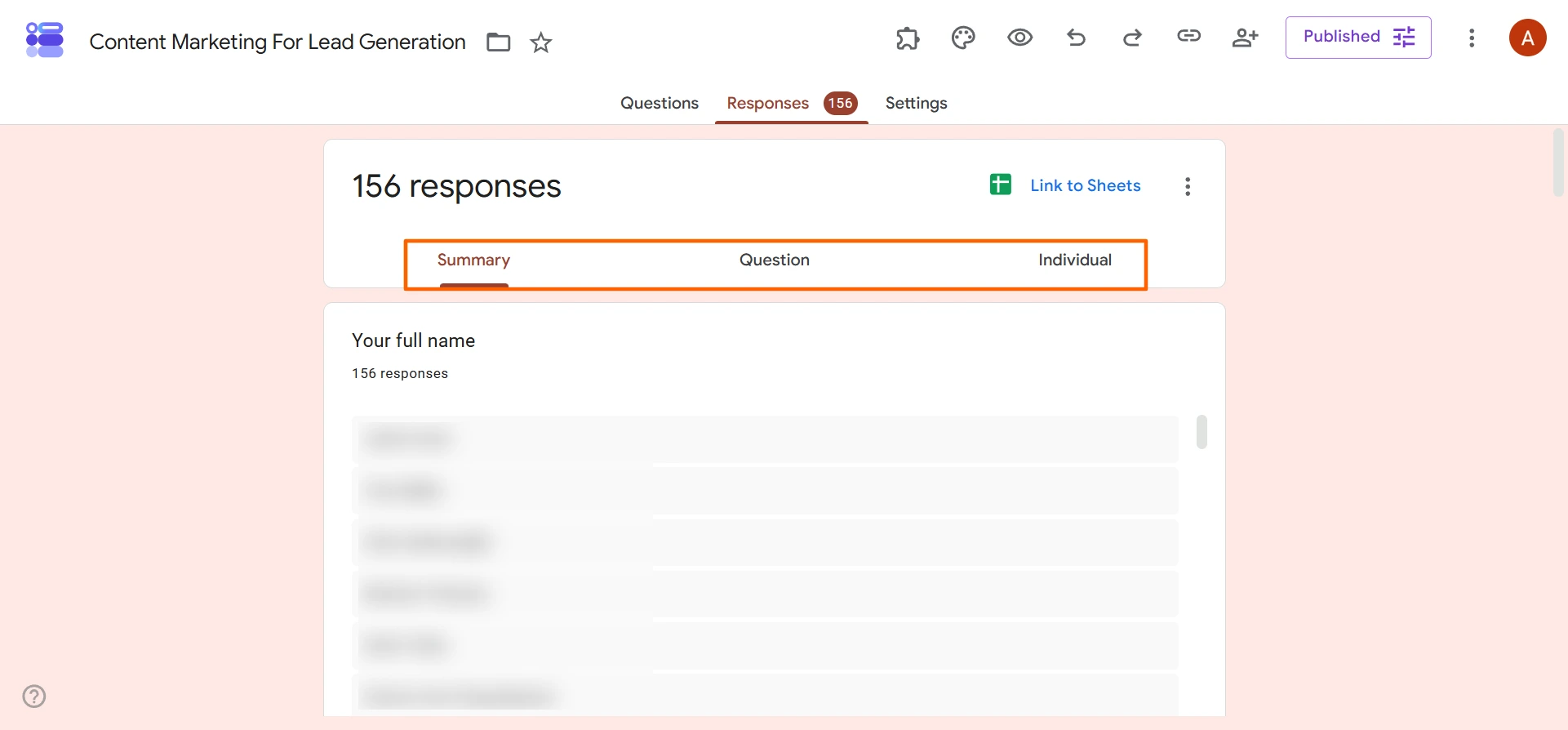 Google Forms Responses page showing Summary, Question, and Individual result viewing options