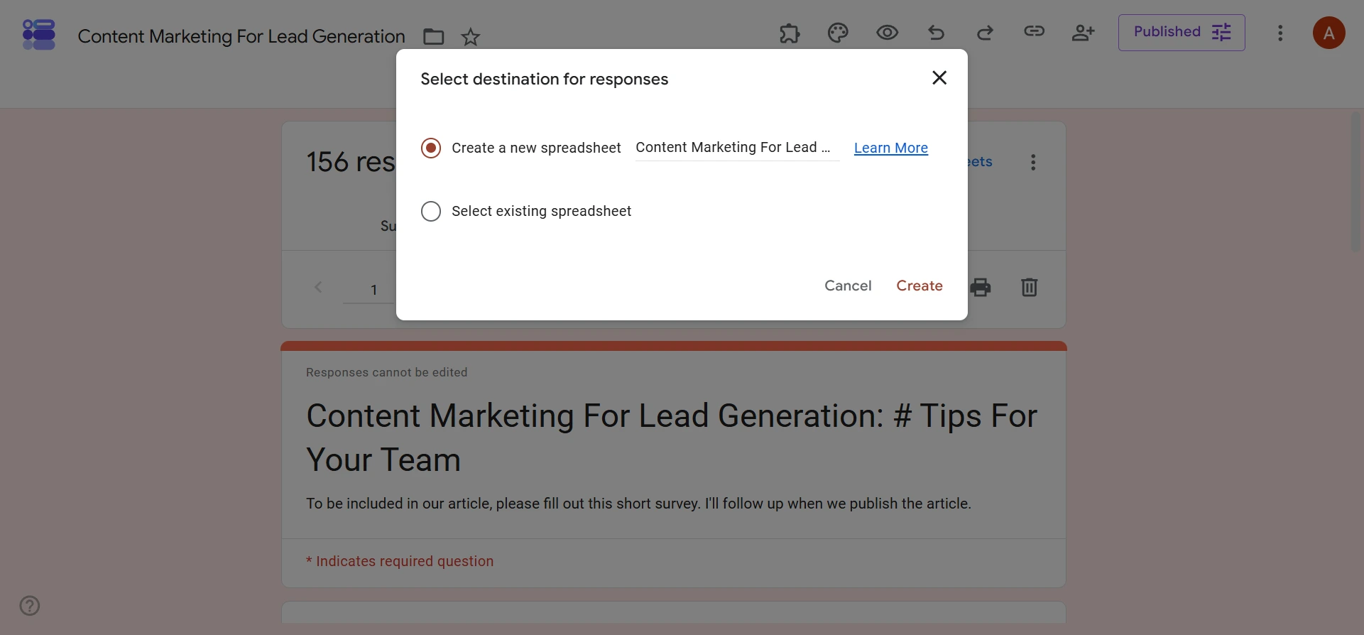 Google Forms dialog for creating a new spreadsheet to store responses