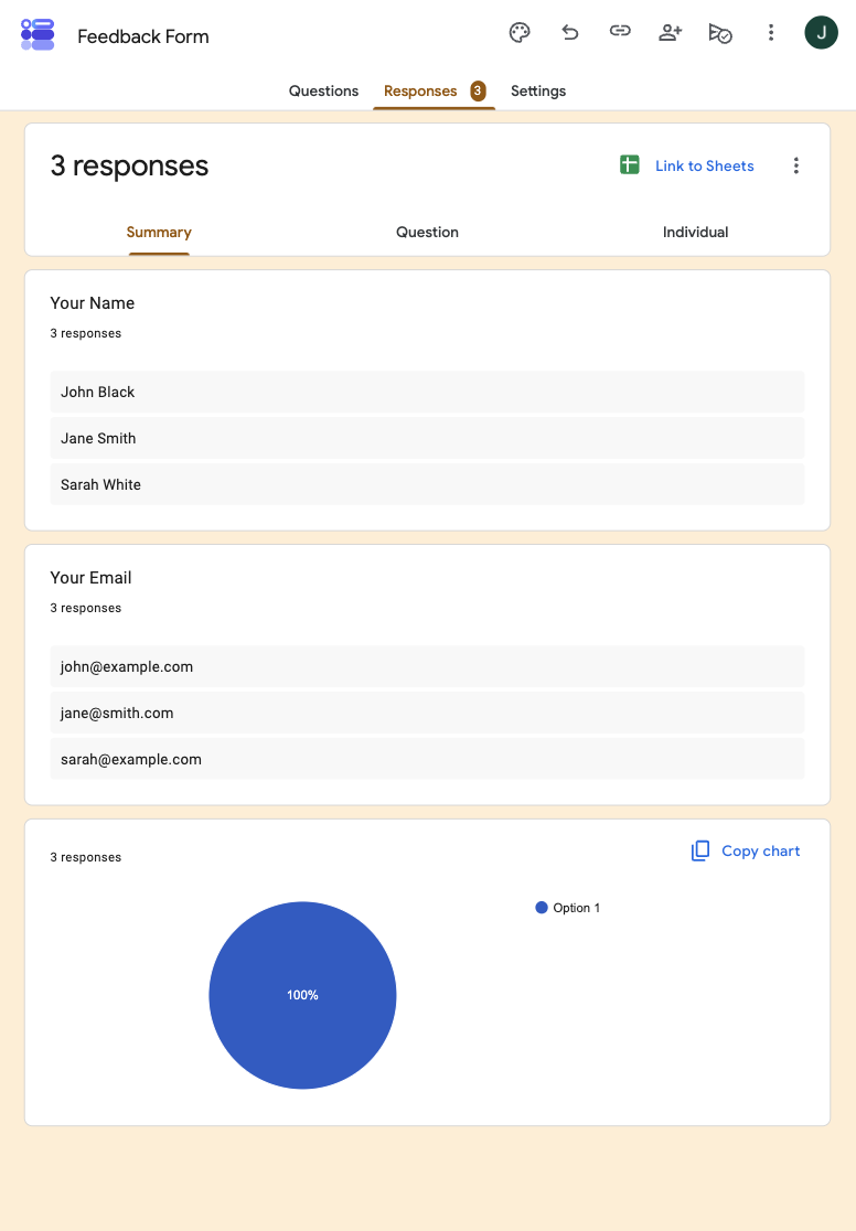 Google Forms viewing the Summary tab on iPad