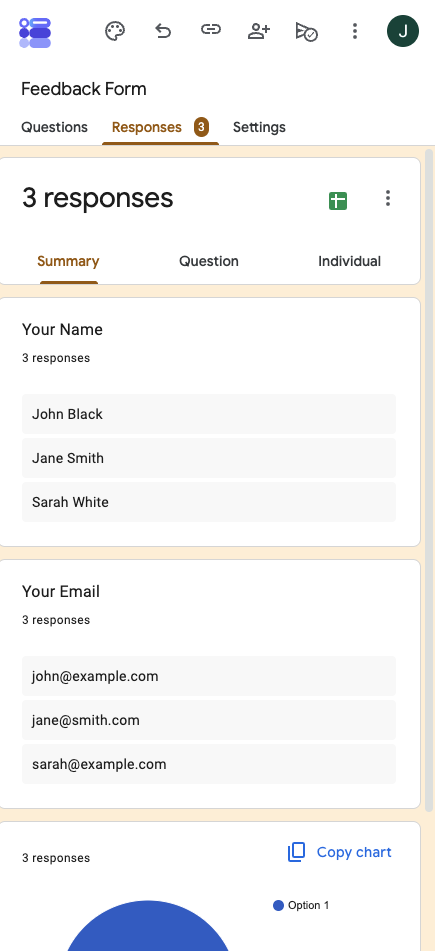 Google Forms viewing the Summary tab on iPhone