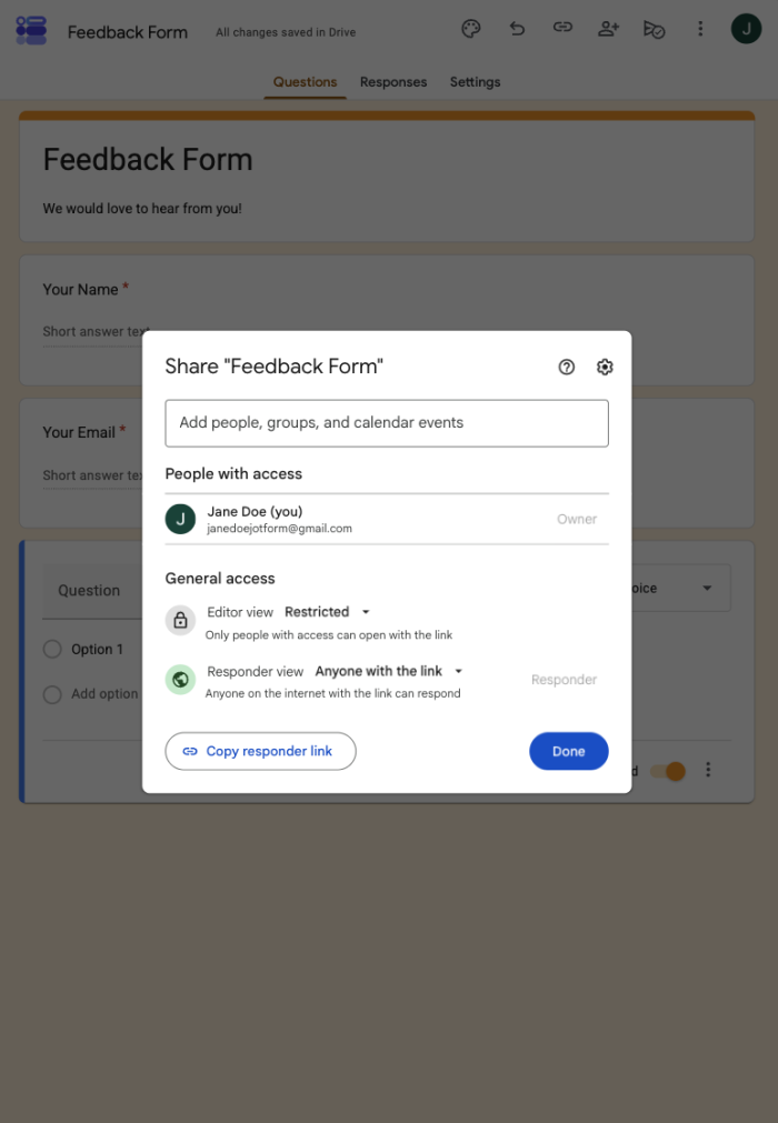Google Forms sharing the form on an iPad