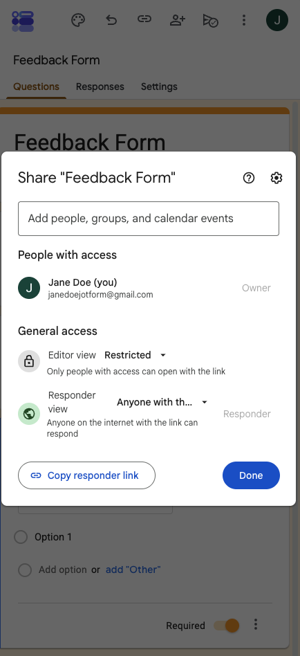 Google Forms sharing the form on an iPhone