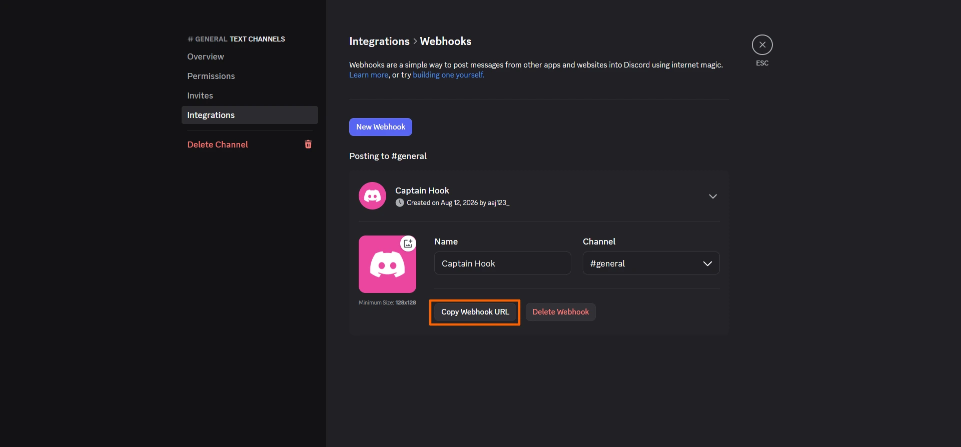 The "Integrations & Webhooks" screen with the "Copy Webhook URL" button highlighted