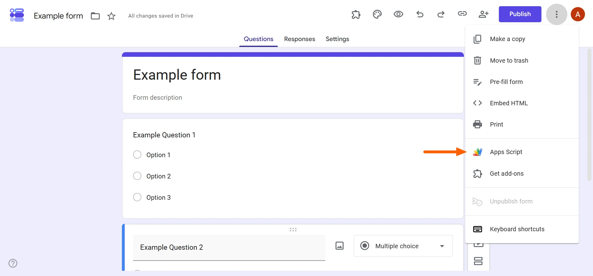 Google Forms interface showing the three-dot icon menu with an arrow pointing to the "Apps Script" option