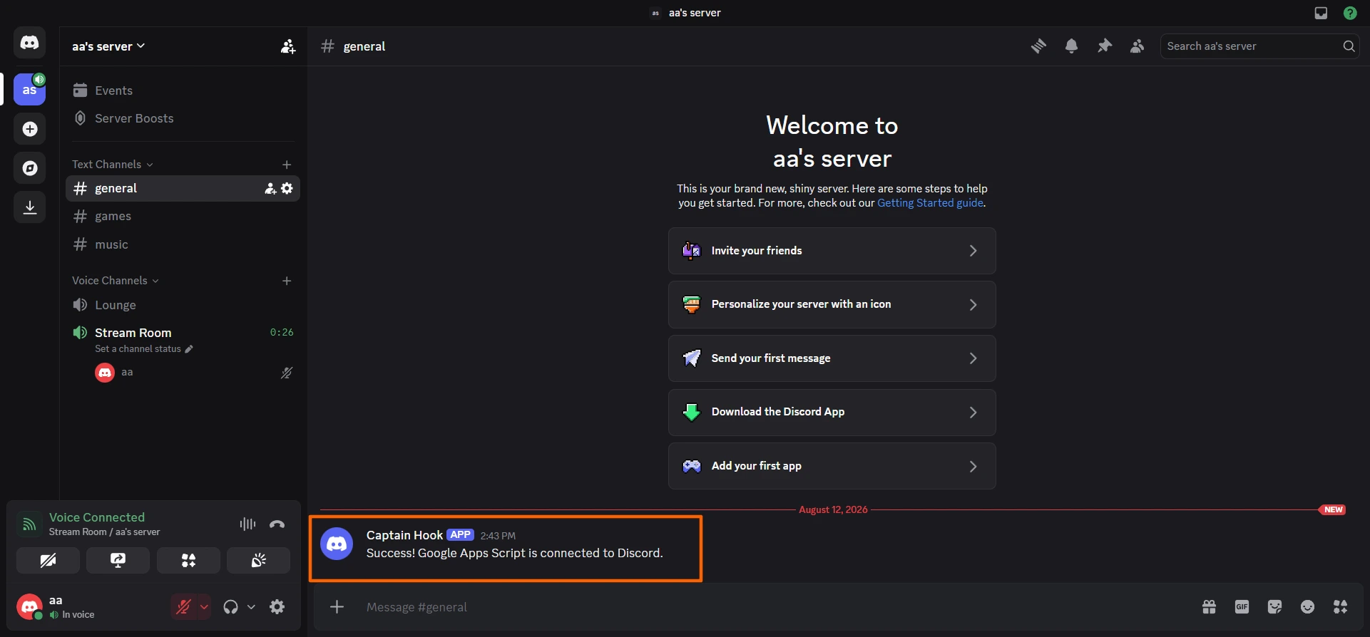 Discord interface with the "Success! Google Apps Script is connected to Discord" message highlighted