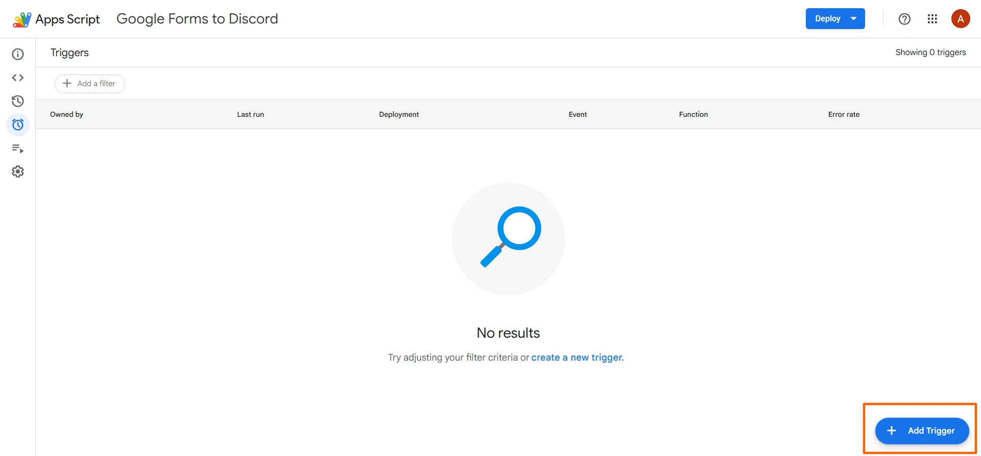 Apps Script interface with the "Add Trigger" button highlighted in the bottom right corner