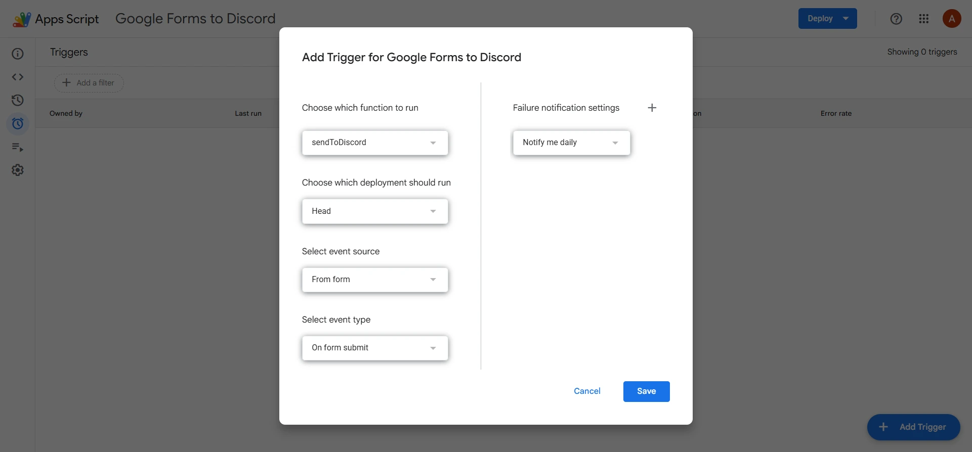 Apps Script interface showing the “Add Trigger for Google Forms to Discord” menu
