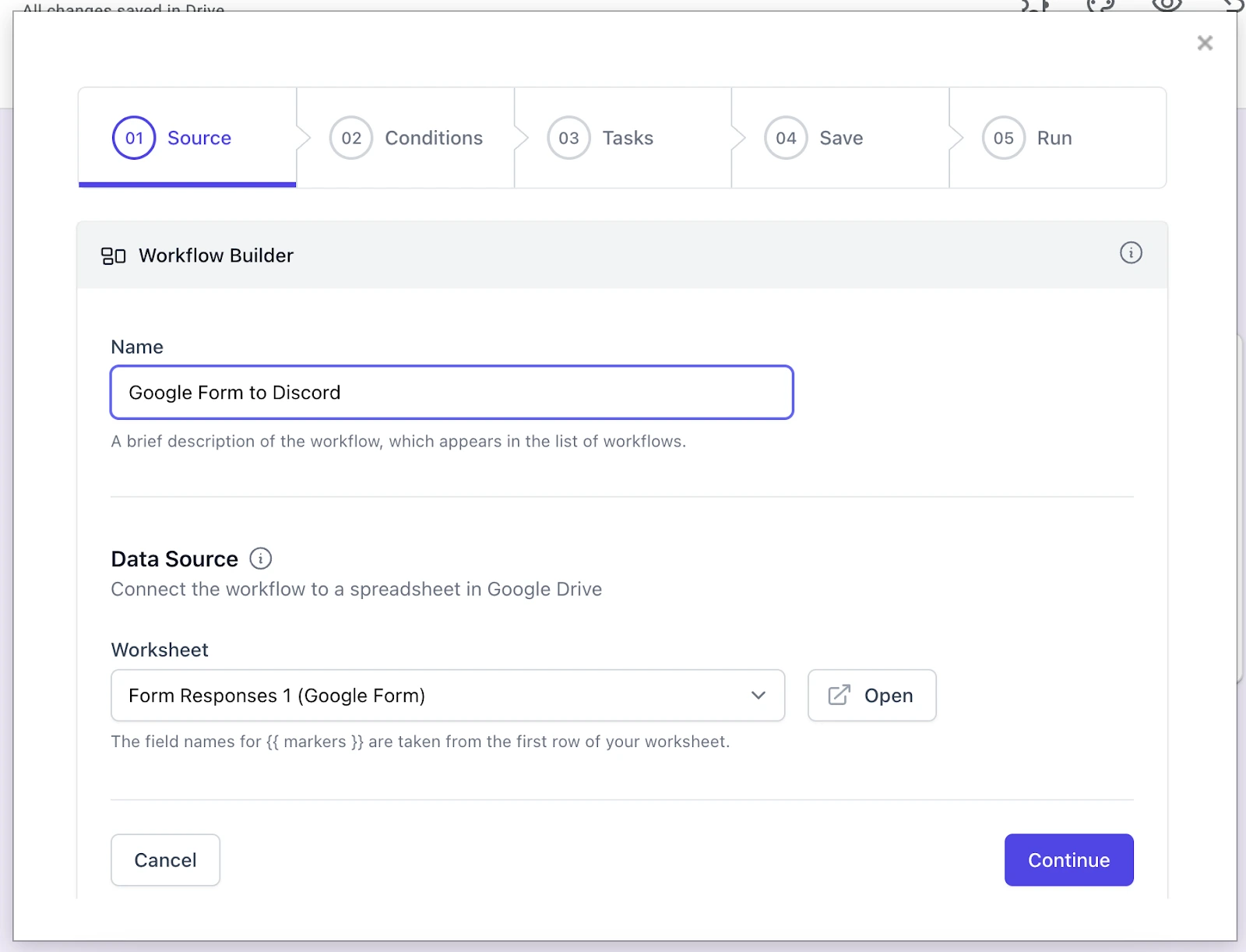 A screenshot of the “Create new workflow” screen from Document Studio