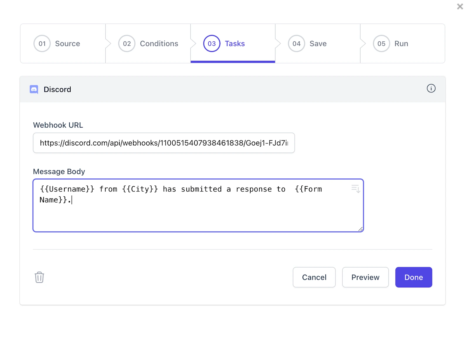 A screenshot of the “Tasks” pane of the Document Studio workflow builder, filled out with the Webhook URL and an example message body