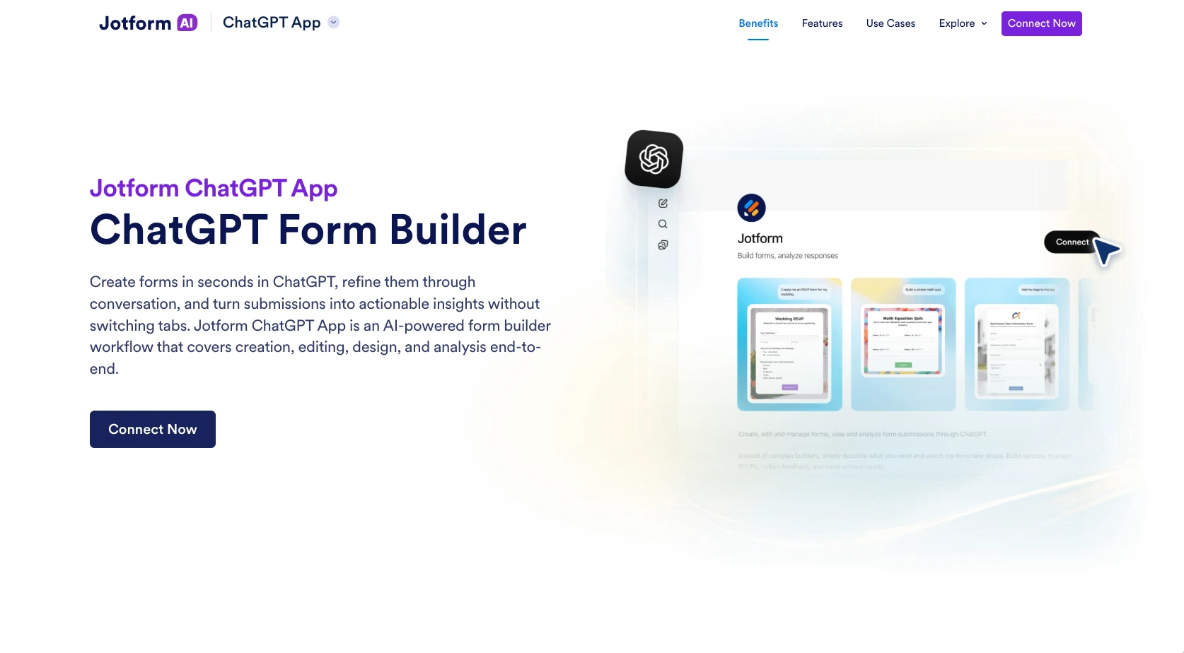 Jotform ChatGPT App landing page highlighting the ChatGPT Form Builder