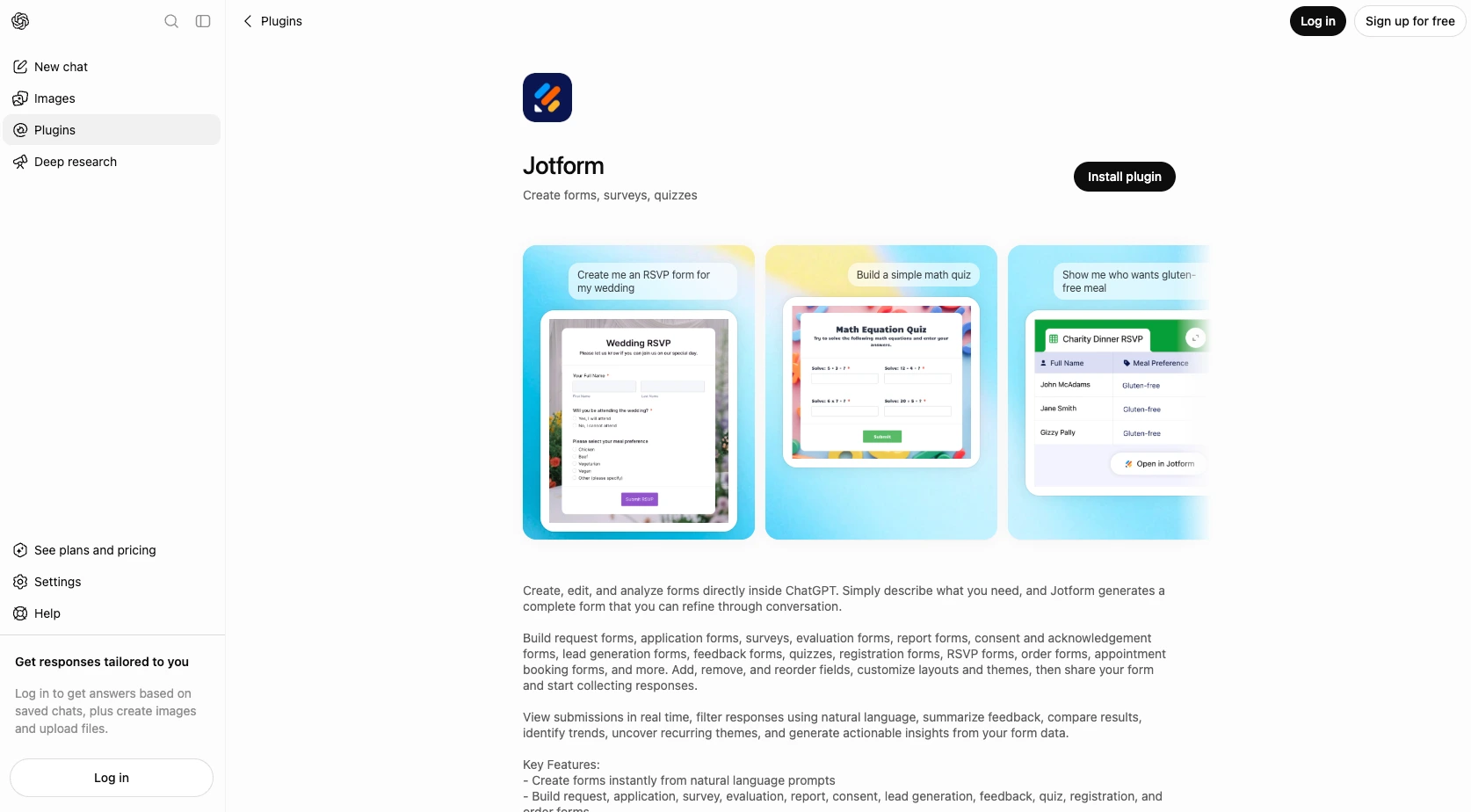 Jotform plugin page in ChatGPT with an Install plugin button