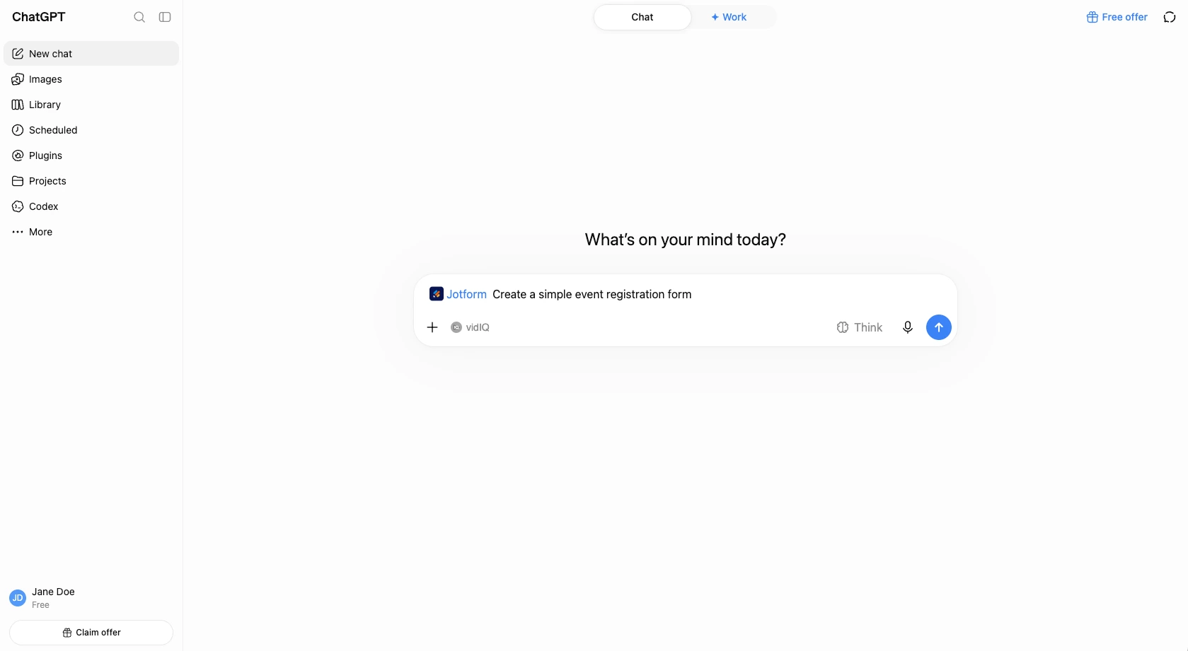 ChatGPT composer with Jotform selected and an event registration form request