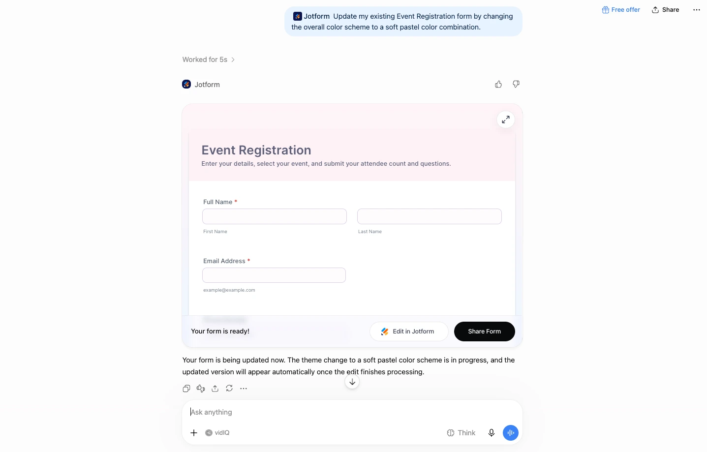 Jotform response in ChatGPT showing an editable event registration form preview