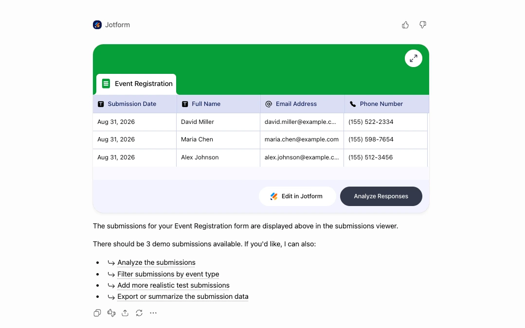 Jotform submissions viewer showing three event registration responses with analysis options