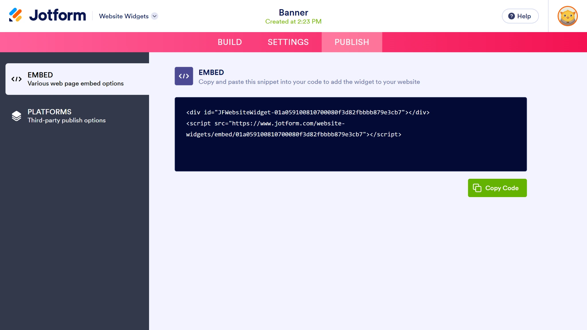 Screenshot of the Jotform Banner Widget publish page