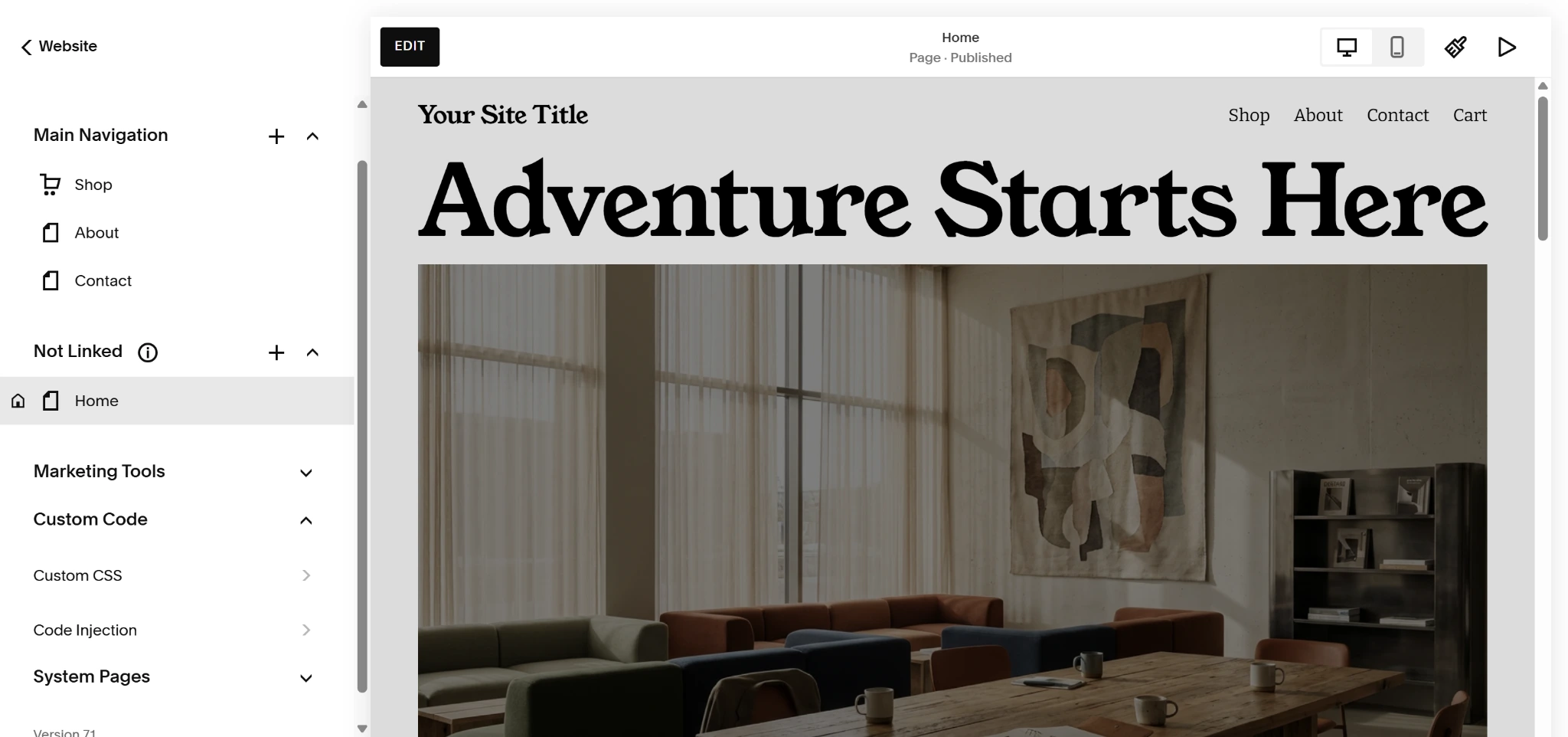 Screenshot of the Squarespace "pages" page