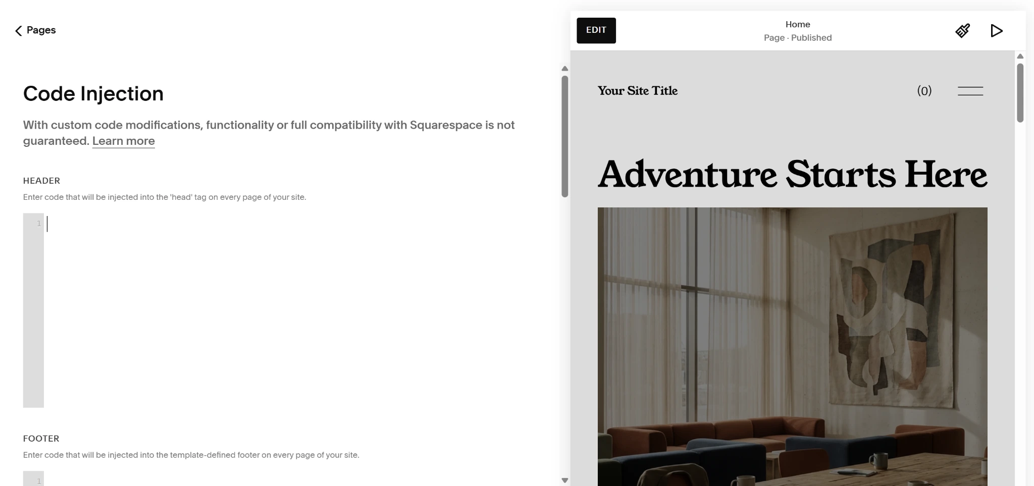 Screenshot of the Squarespace Code Injection tool