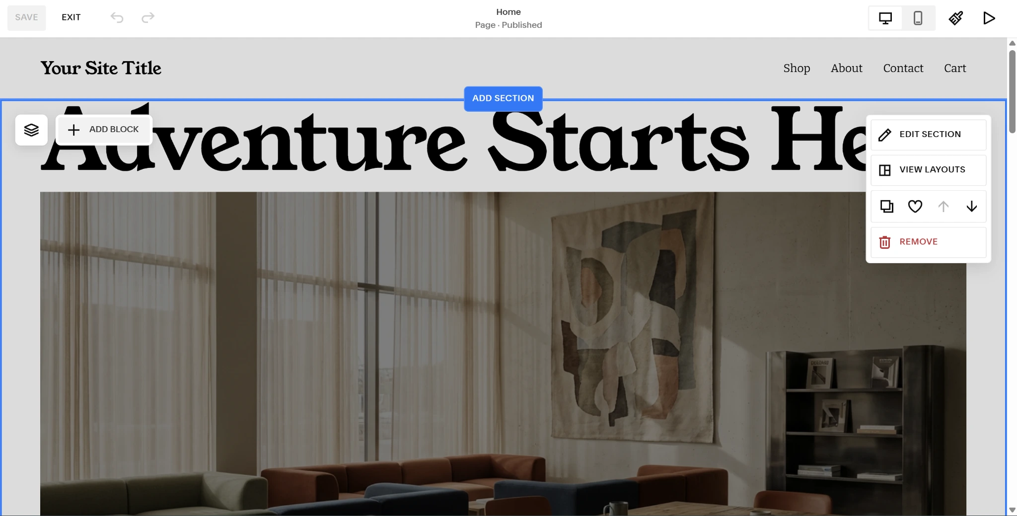 Screenshot of the Squarespace Fluid Engine editor with the Add Block button highlighted