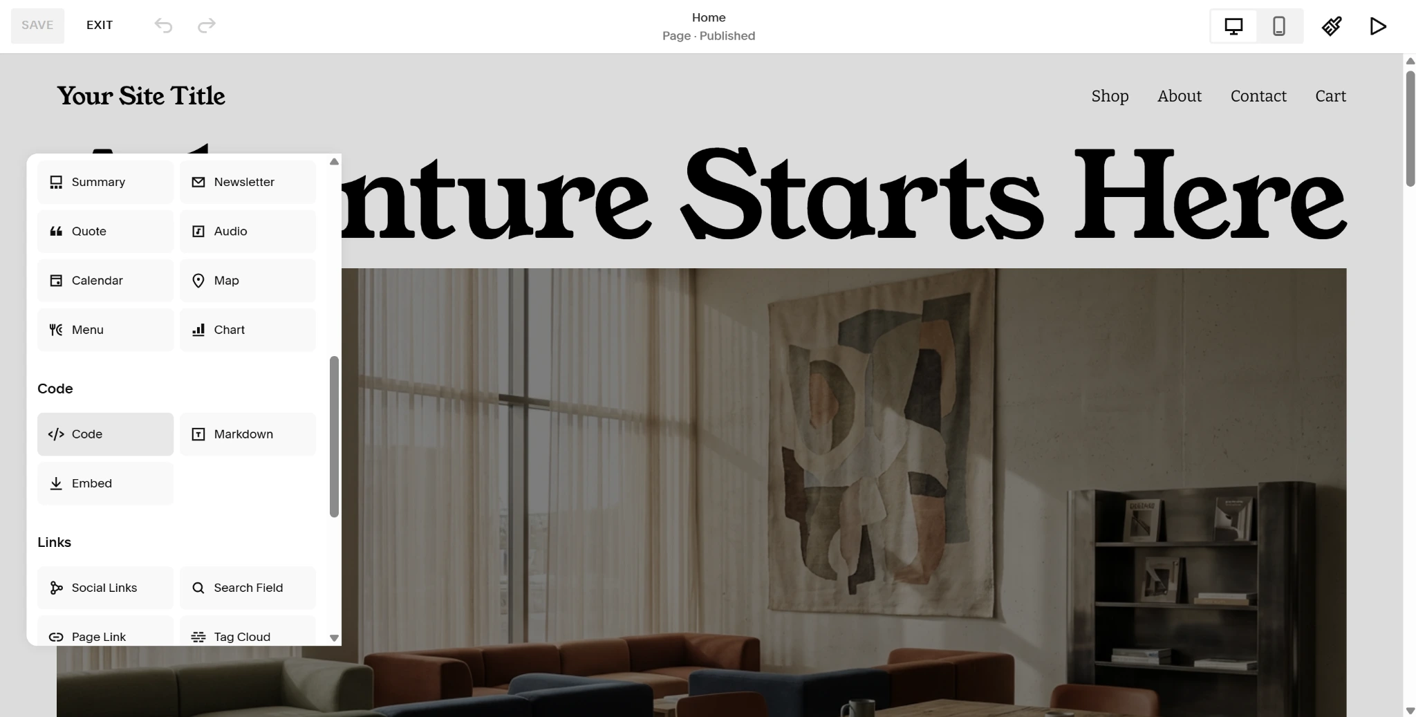 Screenshot of a Squarespace Fluid Engine editor block with the Code option highlighted
