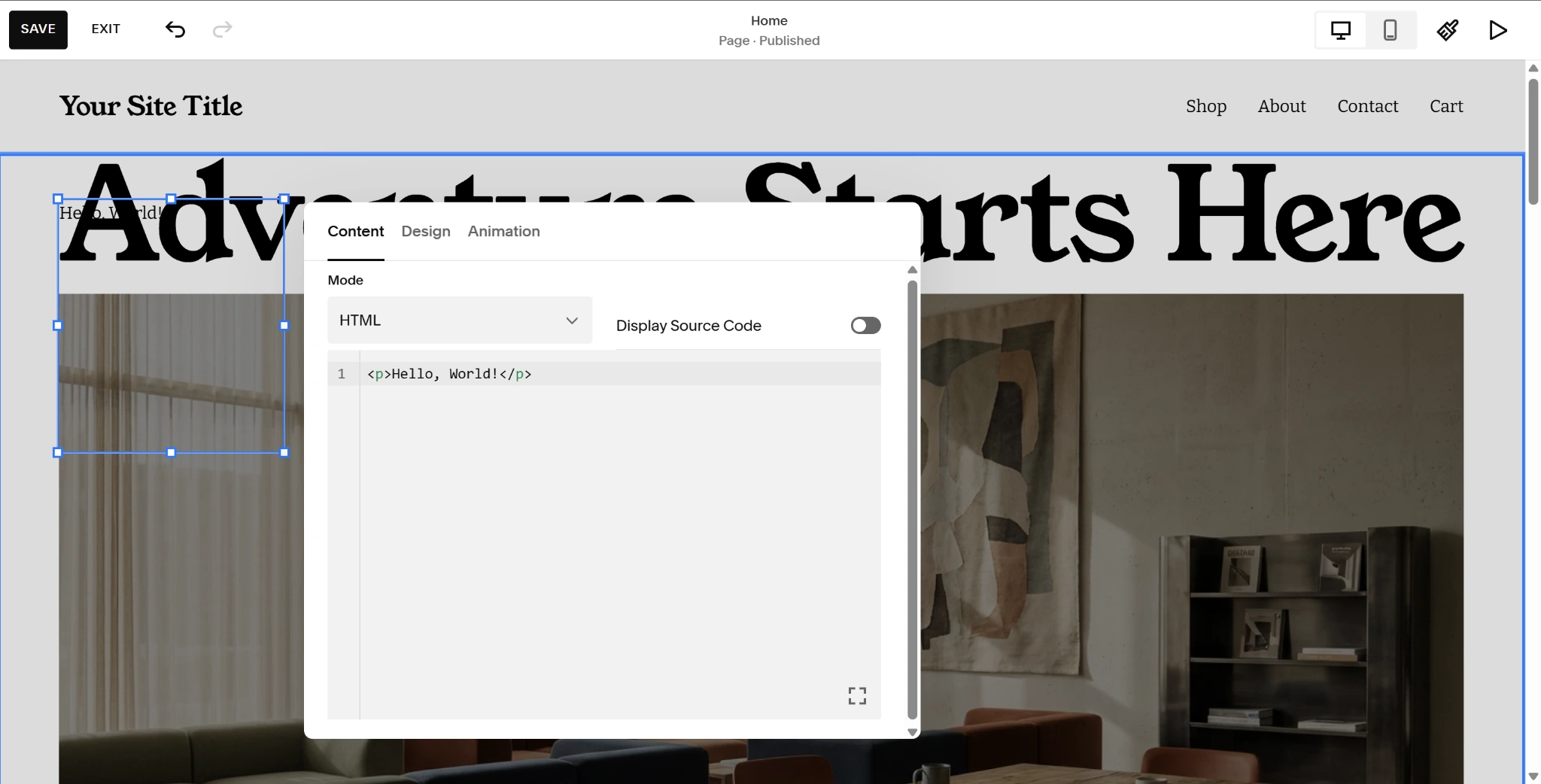 Screenshot of a blank Squarespace Fluid Engine editor Code block