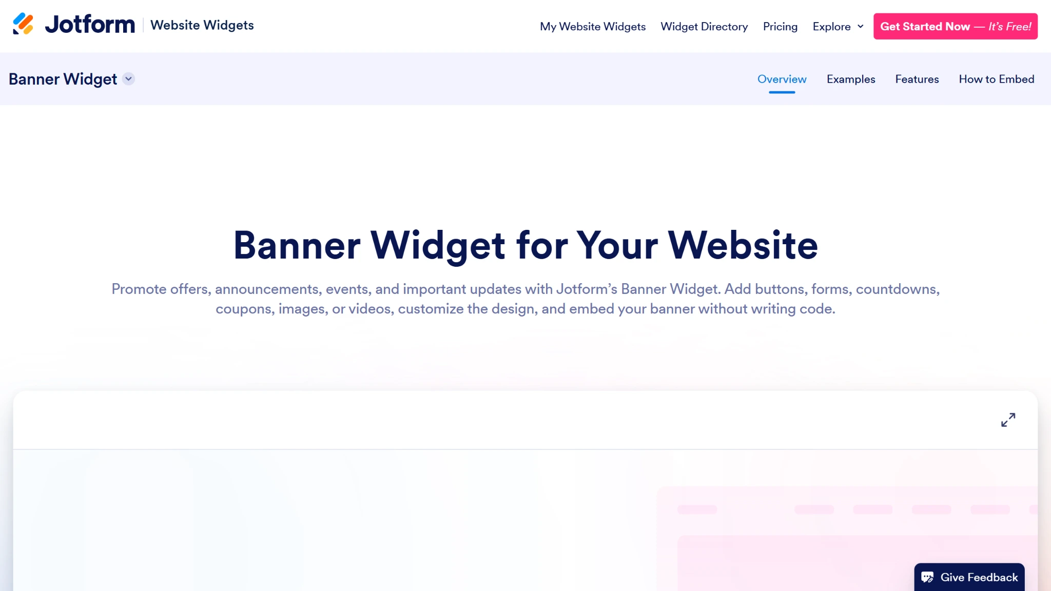 Screenshot of the Jotform Banner Widget landing page