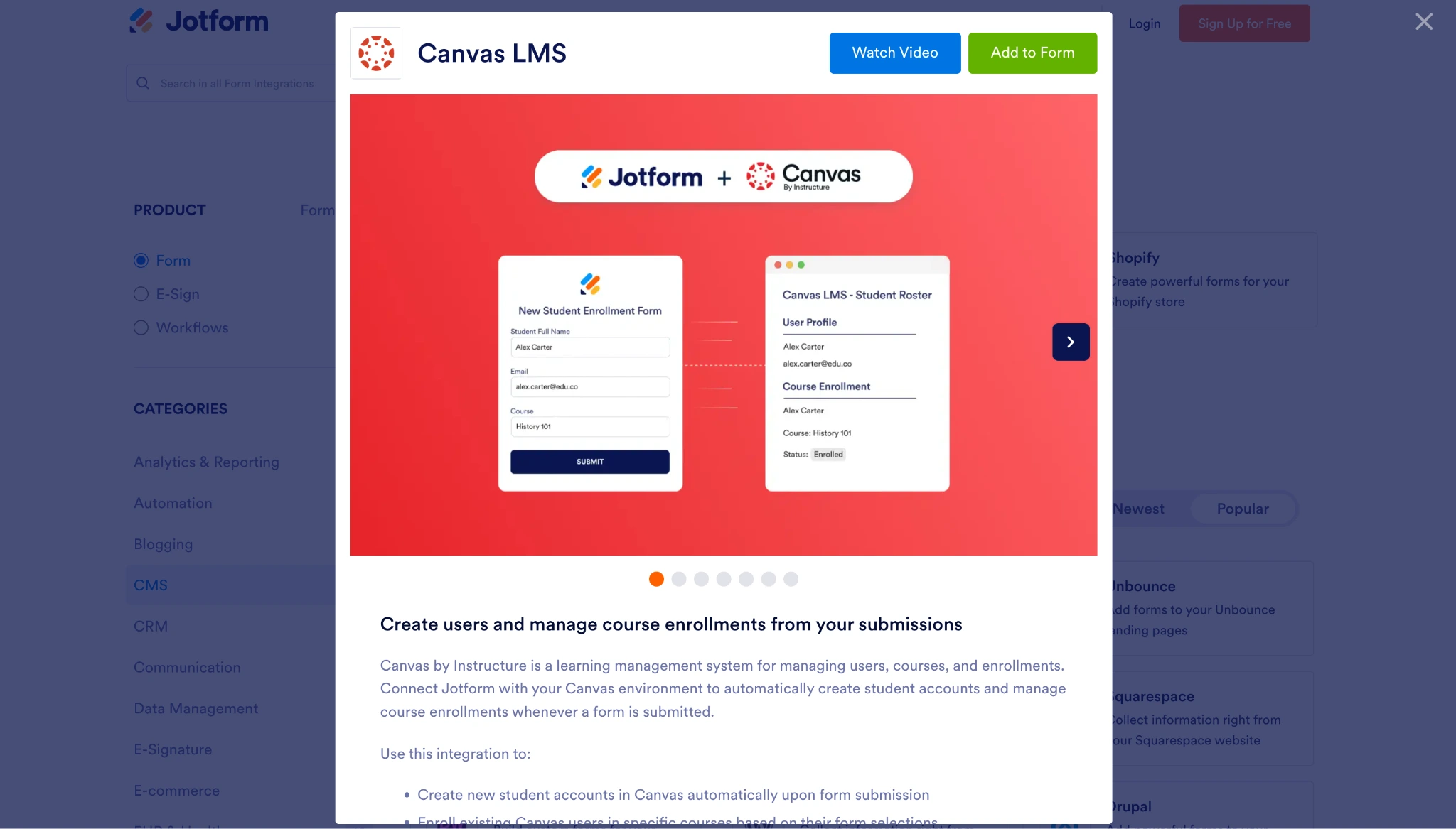 موقع Jotform يعرض صفحة تكامل Canvas LMS مع عبارة: "أنشئ مستخدمين وأدِر تسجيلات المقررات من خلال عمليات الإرسال الخاصة بك"