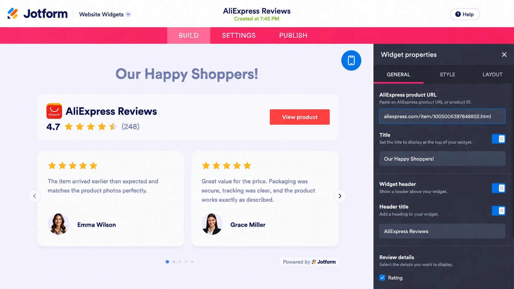 AliExpress Reviews widget customization screen