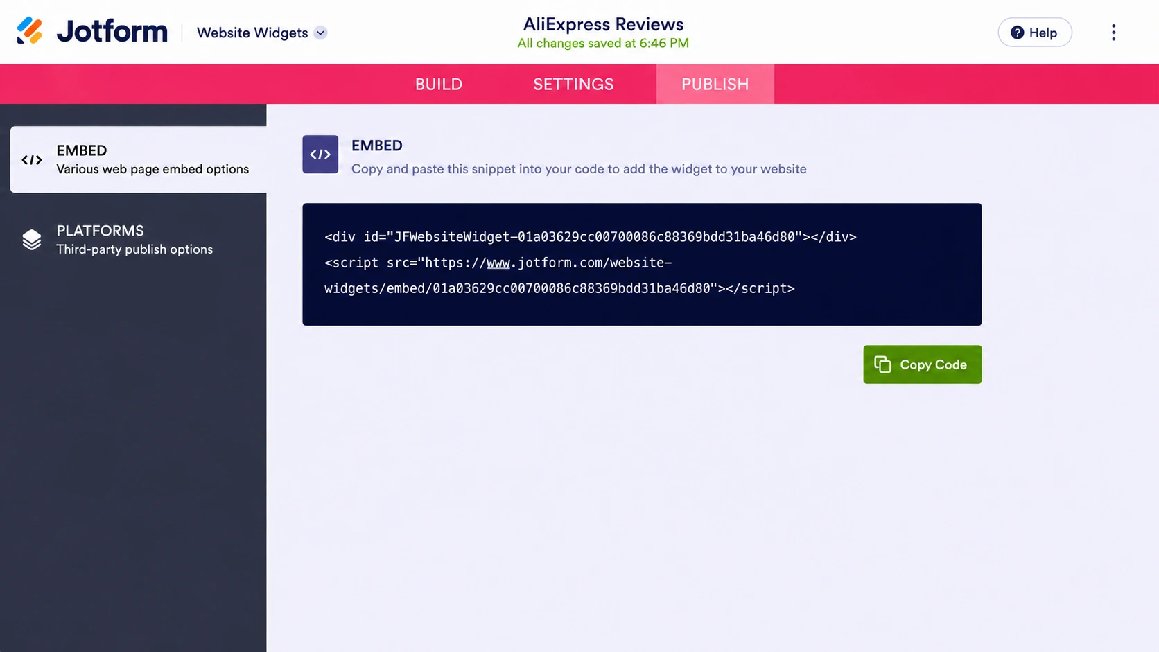 AliExpress Reviews widget embed code screen