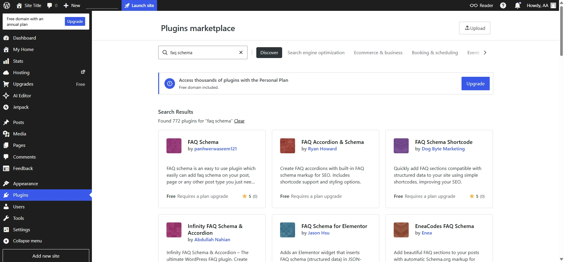 WordPress Plugins Marketplace showing search results for "FAQ schema"