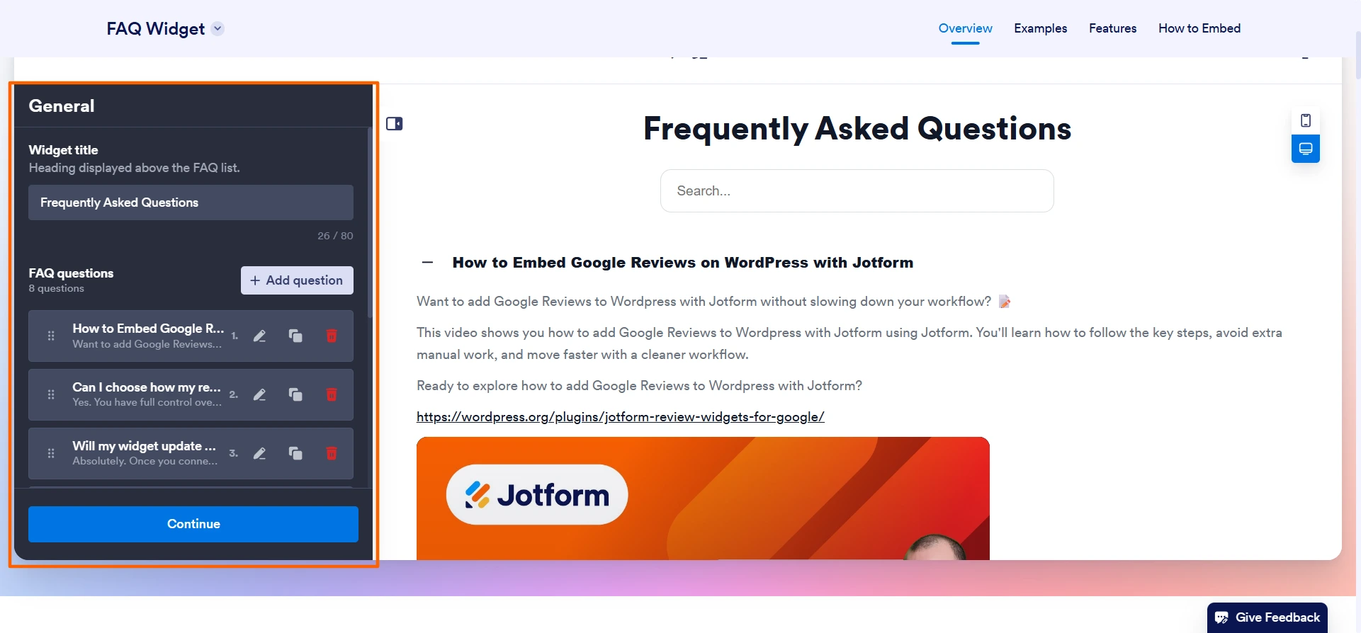 Jotform FAQ Widget interface showing the general widget settings