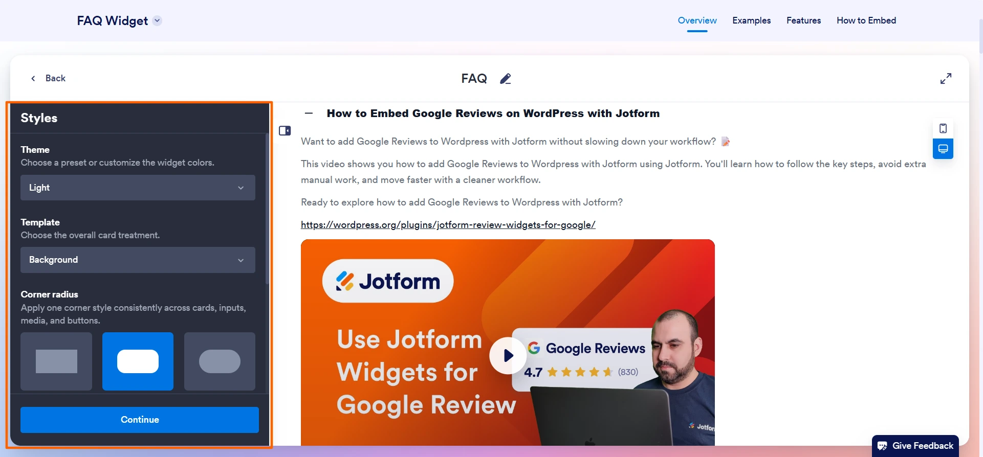 Jotform FAQ Widget interface showing the widget style settings
