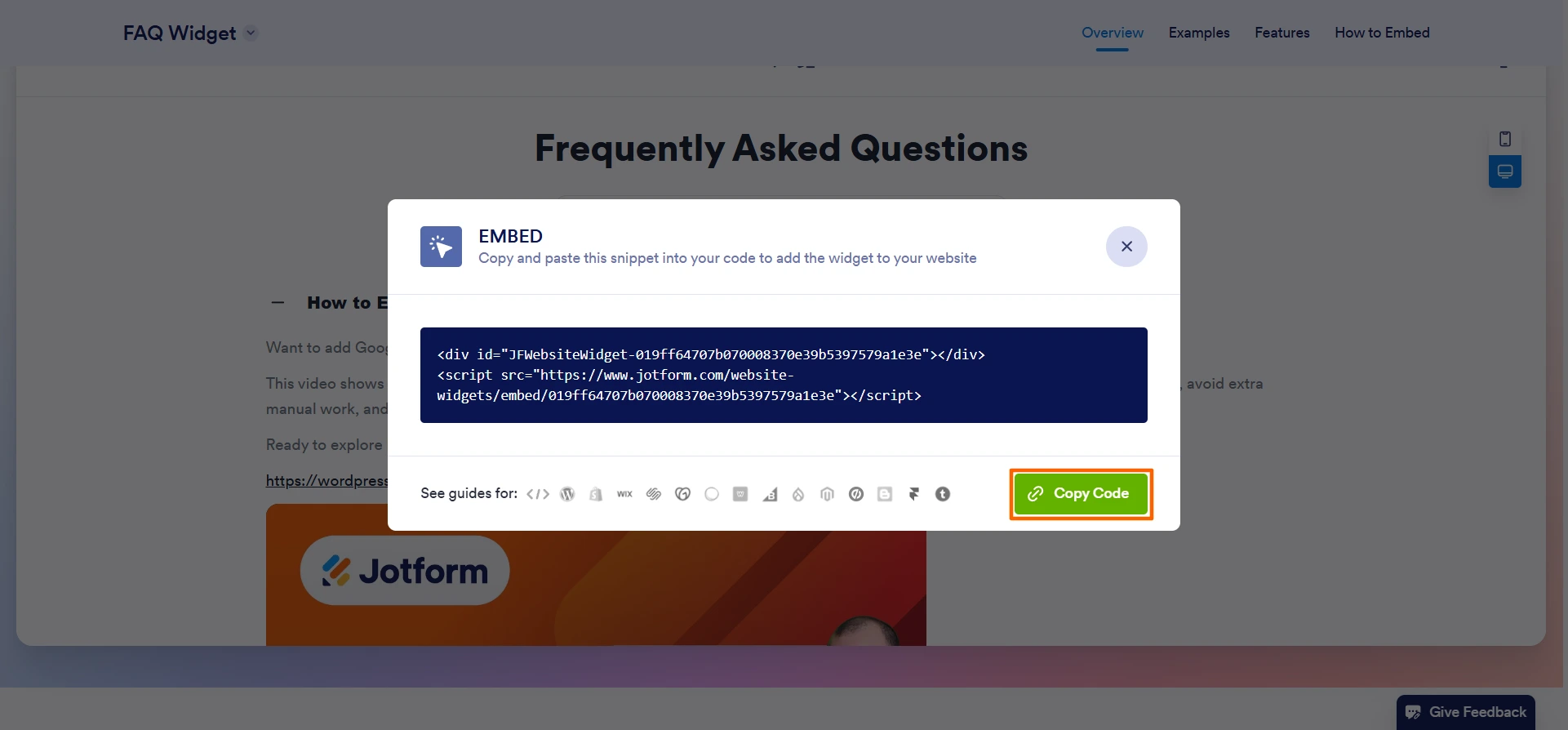 Jotform FAQ Widget interface showing the Embed screen, with the "Copy Code" button highlighted