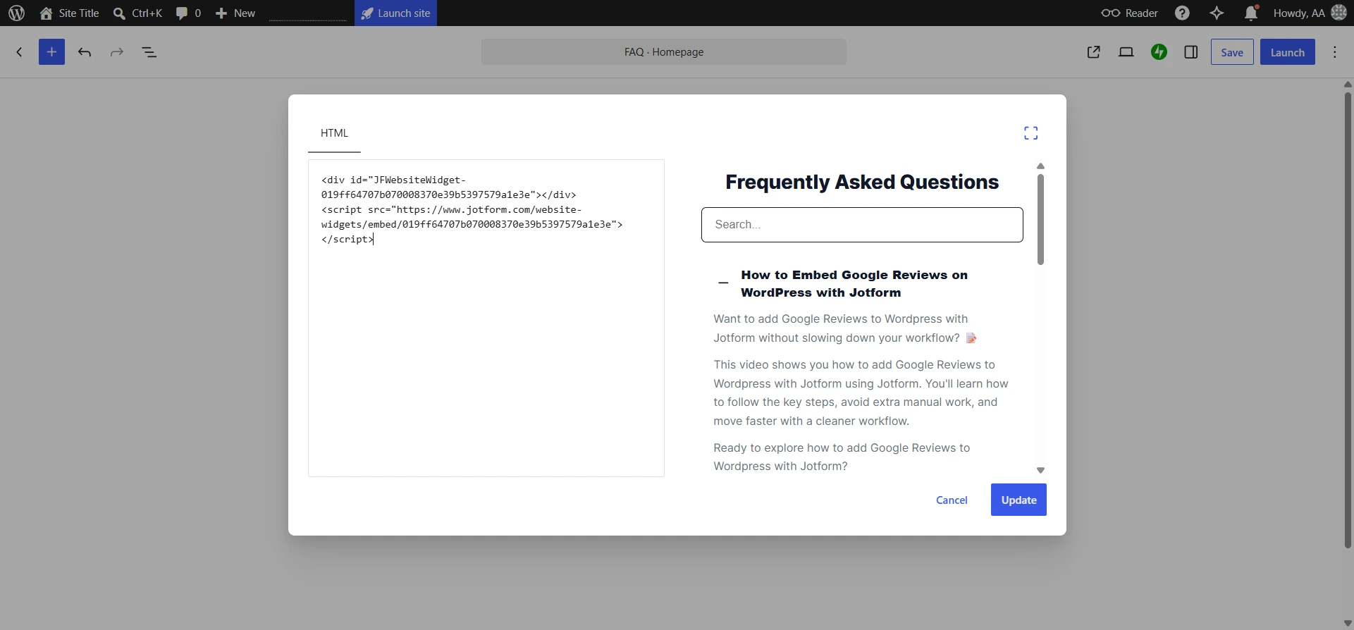 WordPress interface showing a custom HTML block with the Jotform FAQ Widget embed code pasted in