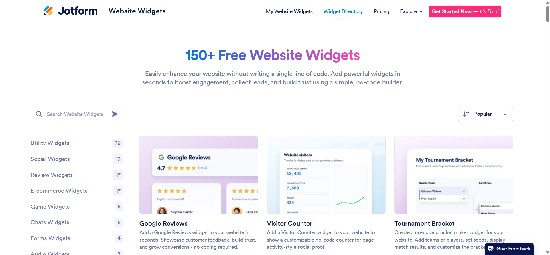 Jotform Website Widgets website showing a preview of its free website widgets, including ones for Google Reviews, Visitor Counter, and Tournament Bracket