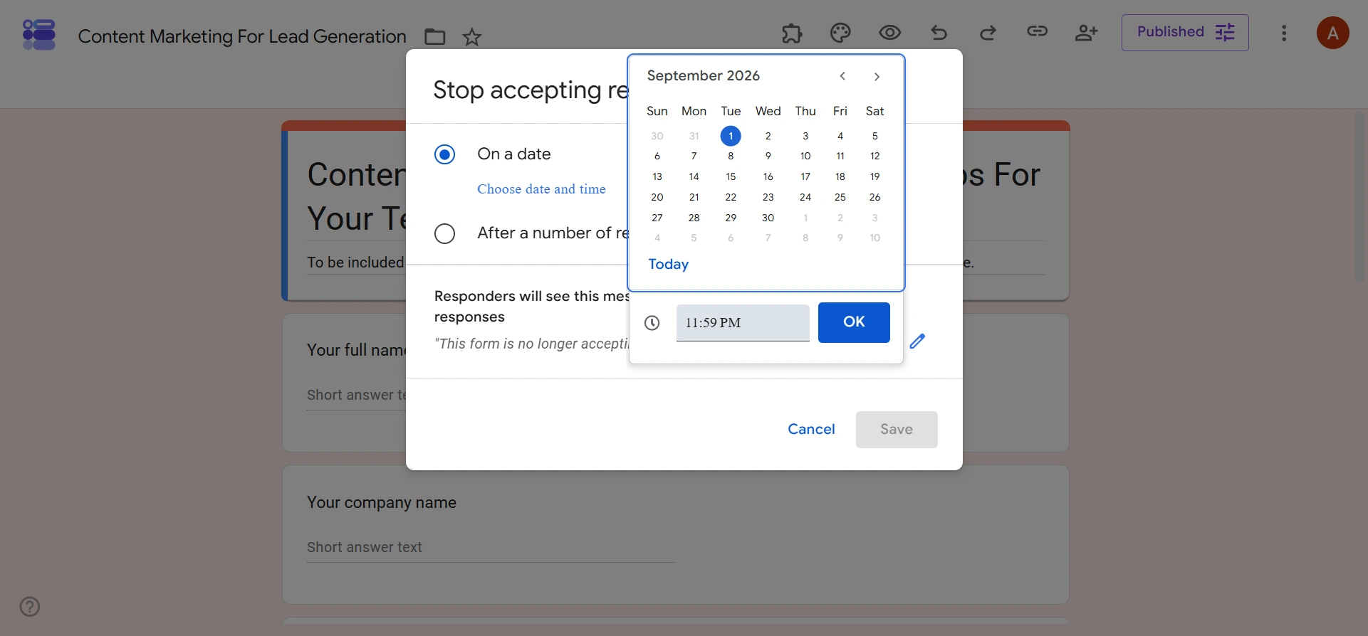 Date and time picker for scheduling when Google Forms stops responses