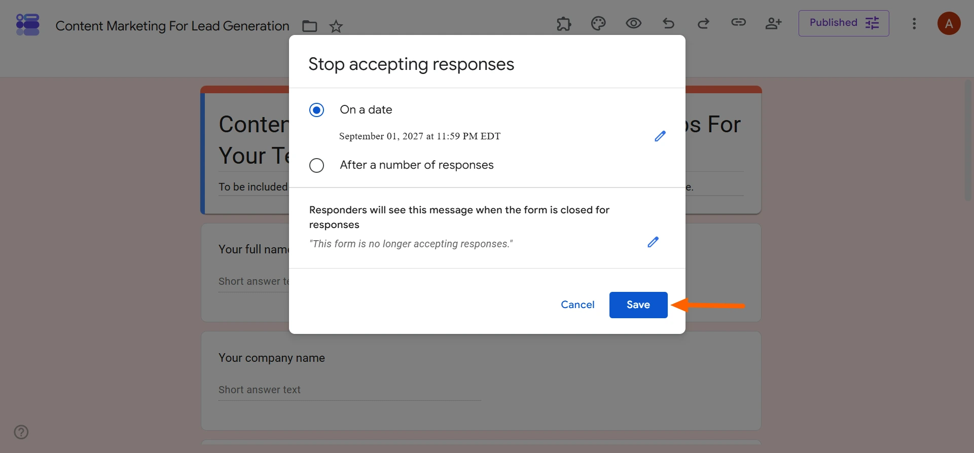 Scheduled closing settings showing selected date and highlighted Save button