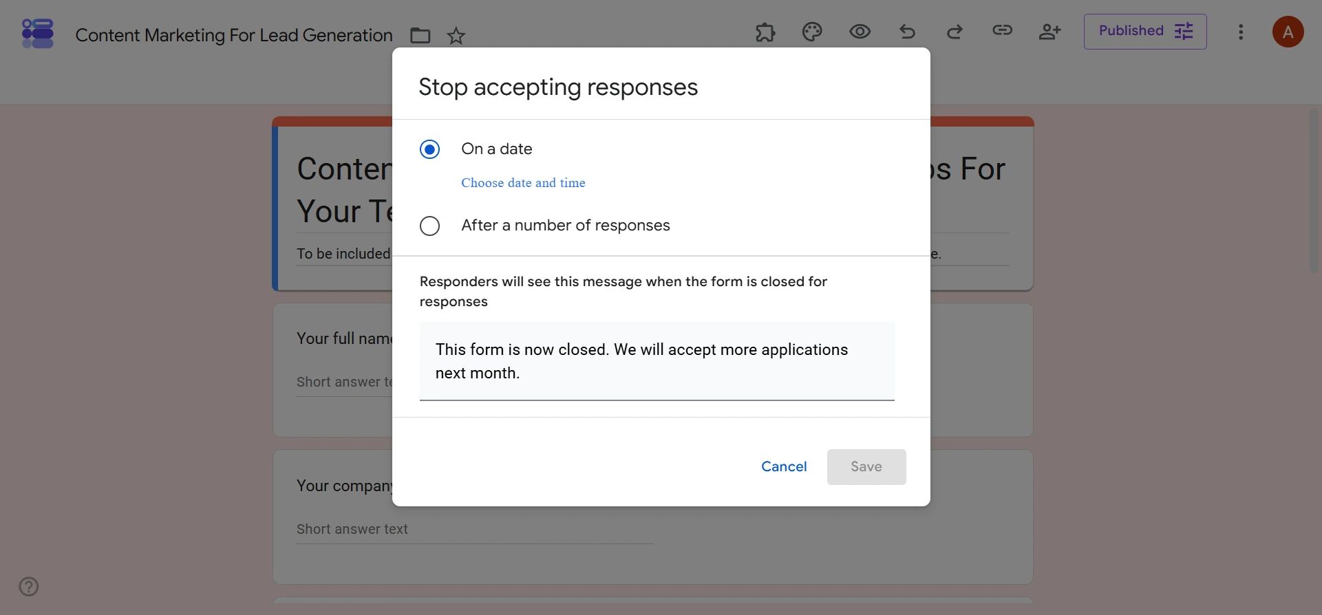 Custom closed-form message entered in Google Forms response settings