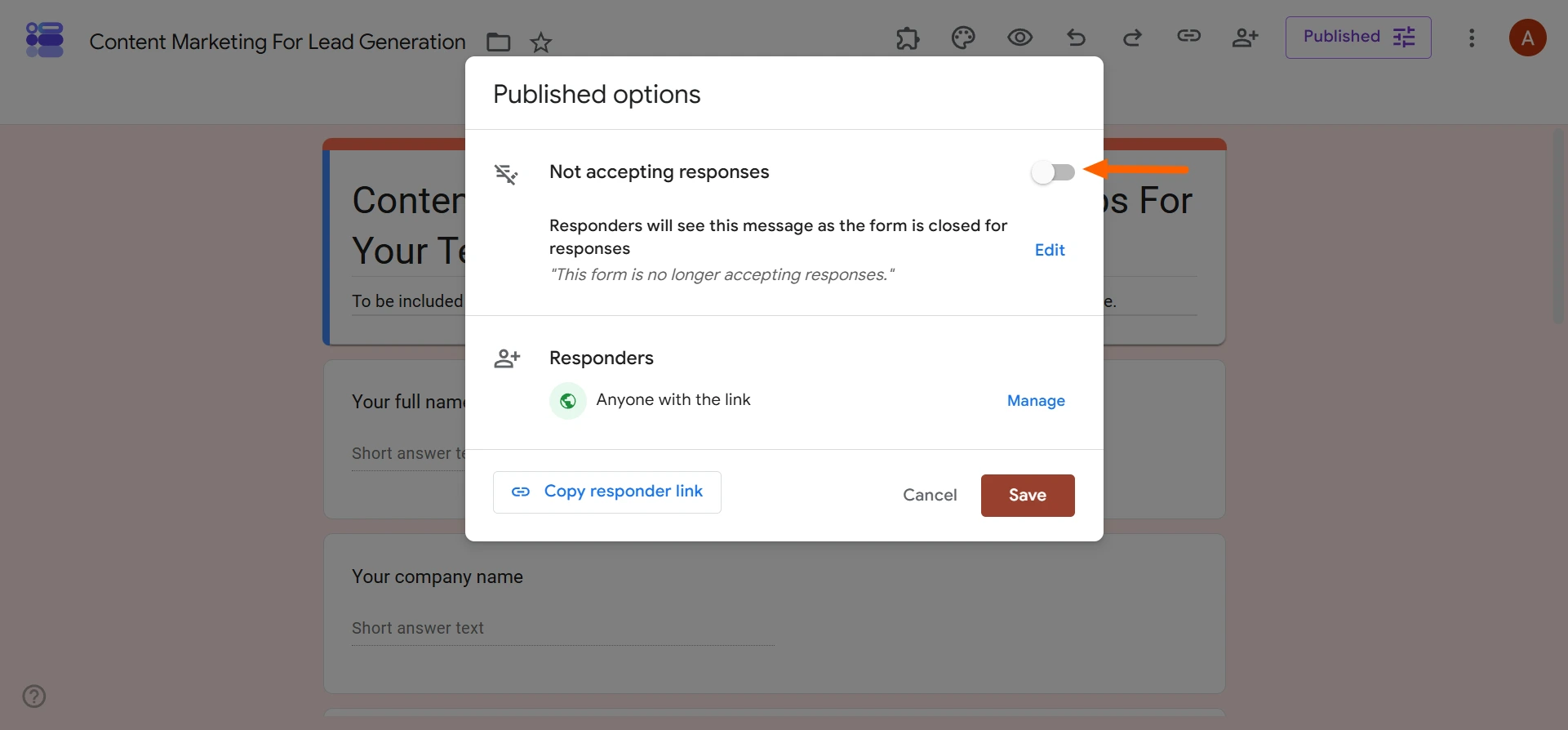 Published options dialog showing Not accepting responses toggle switched off