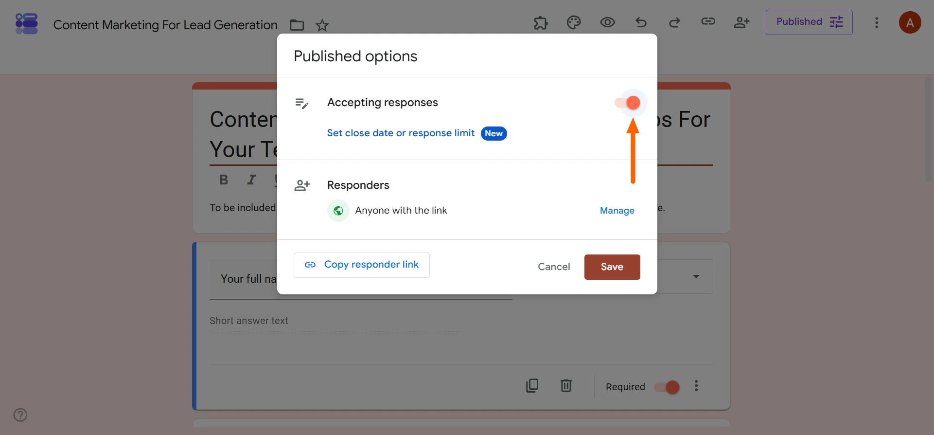 Published options dialog showing the Accepting responses toggle switched on