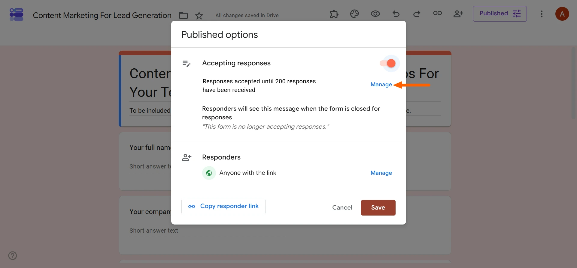Published options showing active 200-response limit and Manage link highlighted