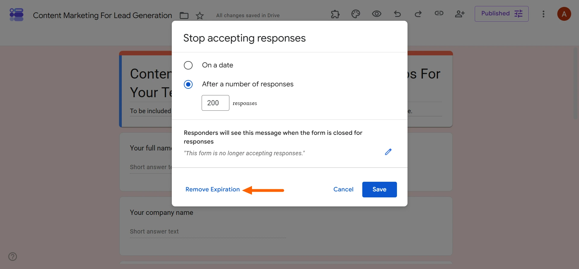 Stop accepting responses dialog highlighting the Remove Expiration option
