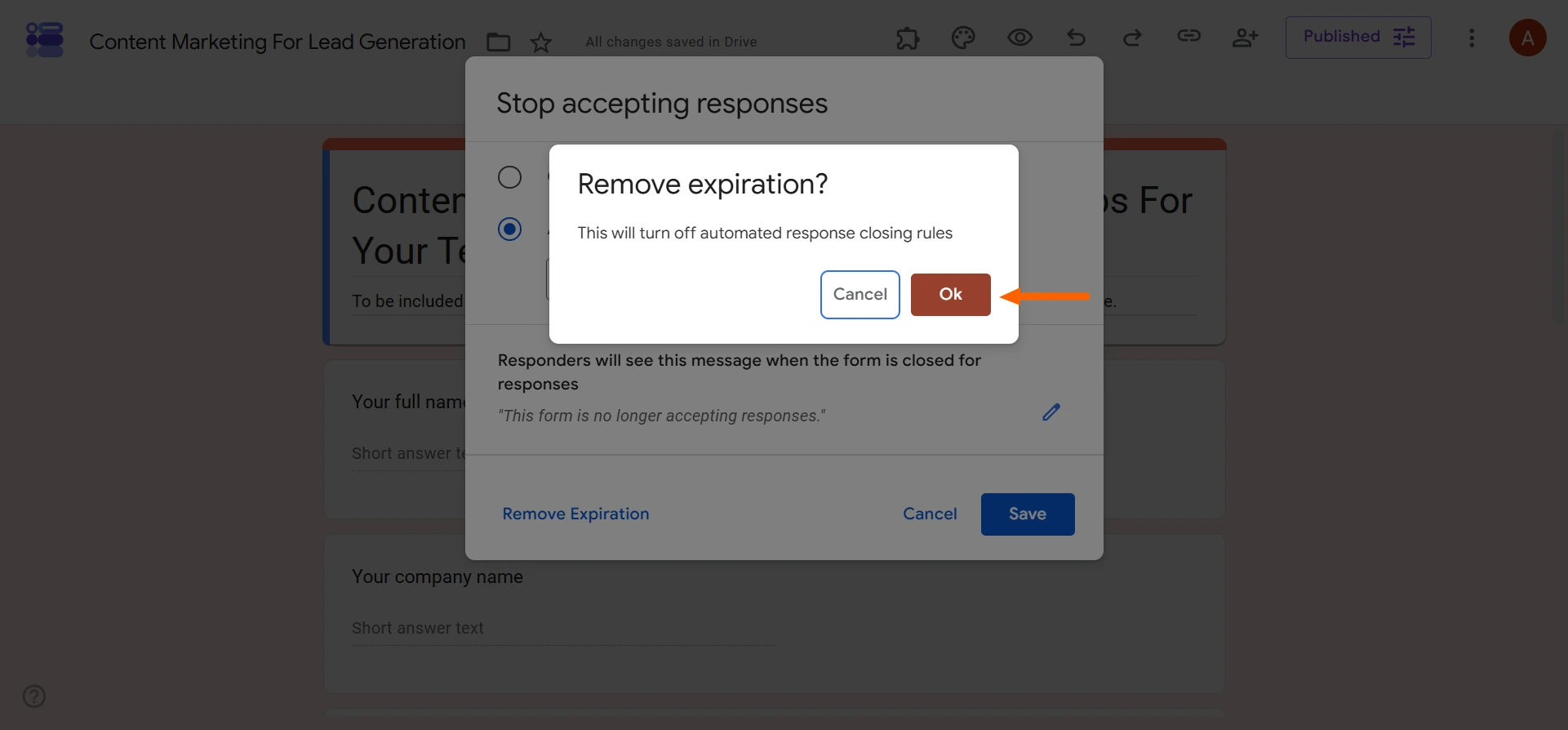 Remove expiration confirmation dialog with OK button highlighted