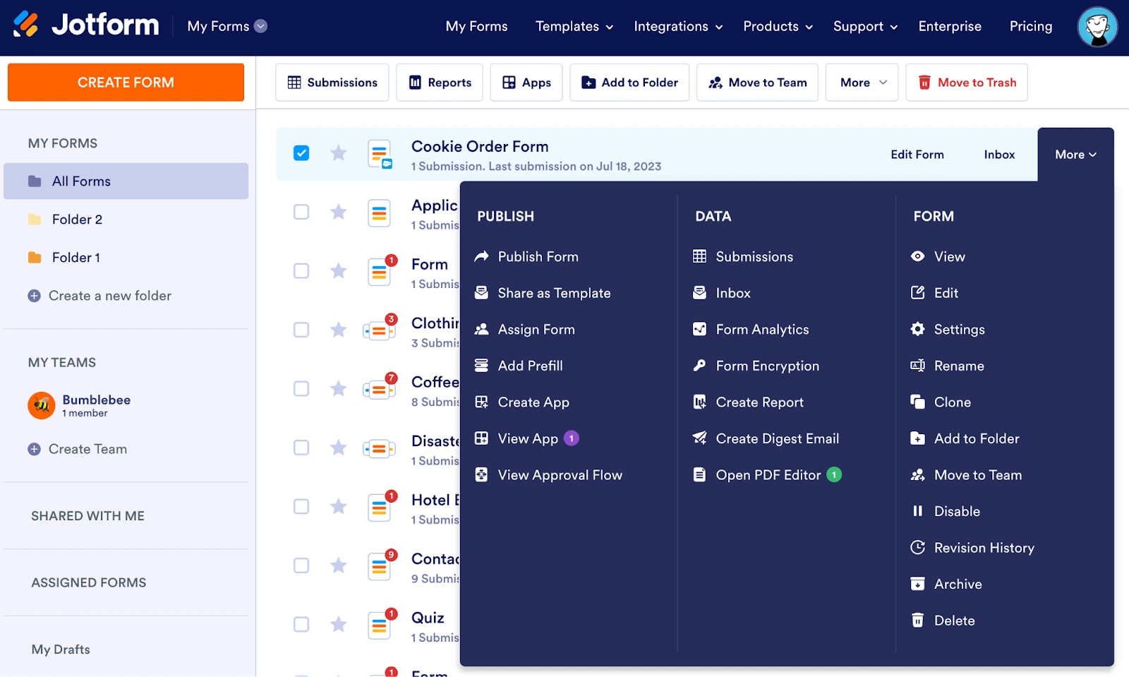 Clicking on the More button to view the dropdown menu in Jotform Form Builder
