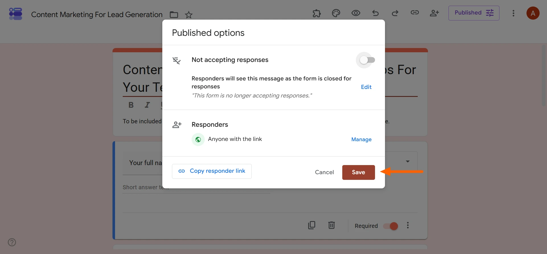 Published options dialog with responses disabled and Save button highlighted