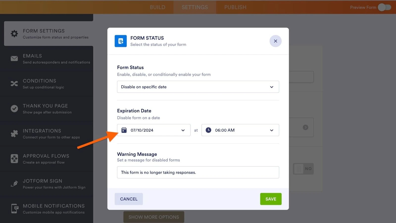 Setting up an expiration date using the calendar widget on Jotform Form Builder
